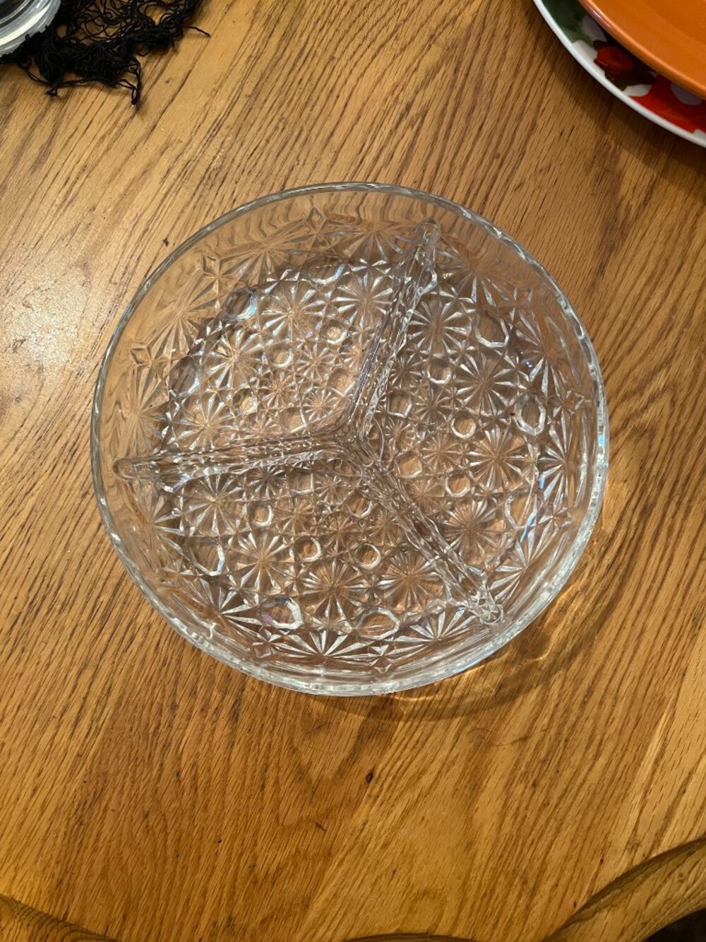 Vintage Crystal Candy and Nut Dish 3 section Daisy and Button Pattern